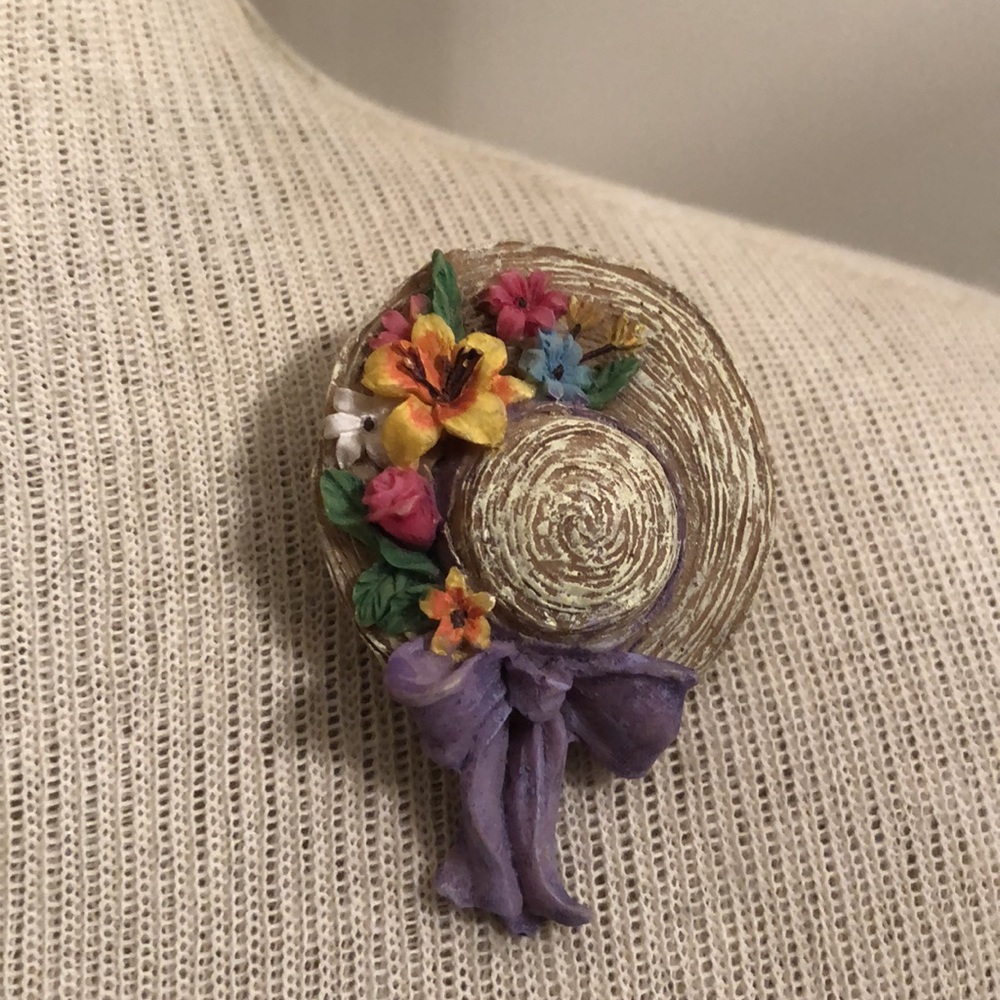 Vintage Resin Straw Hat Pin with Flowers, Purple Bow, Bonnet - Picture 10 of 16